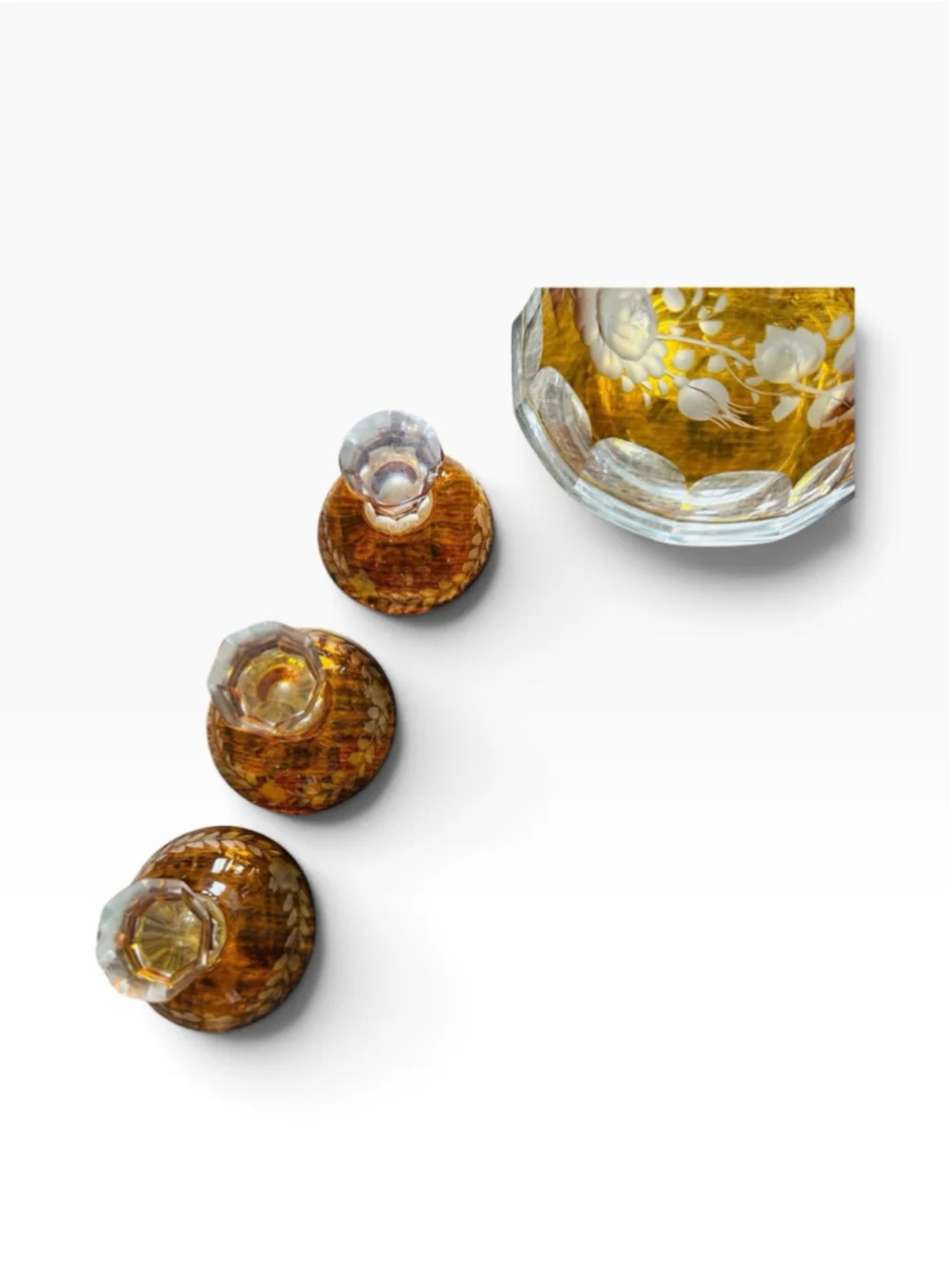 Antique Vintage 7 Pc Set Amber Bohemian Glass Cut Glass Beautiful Floral Designs